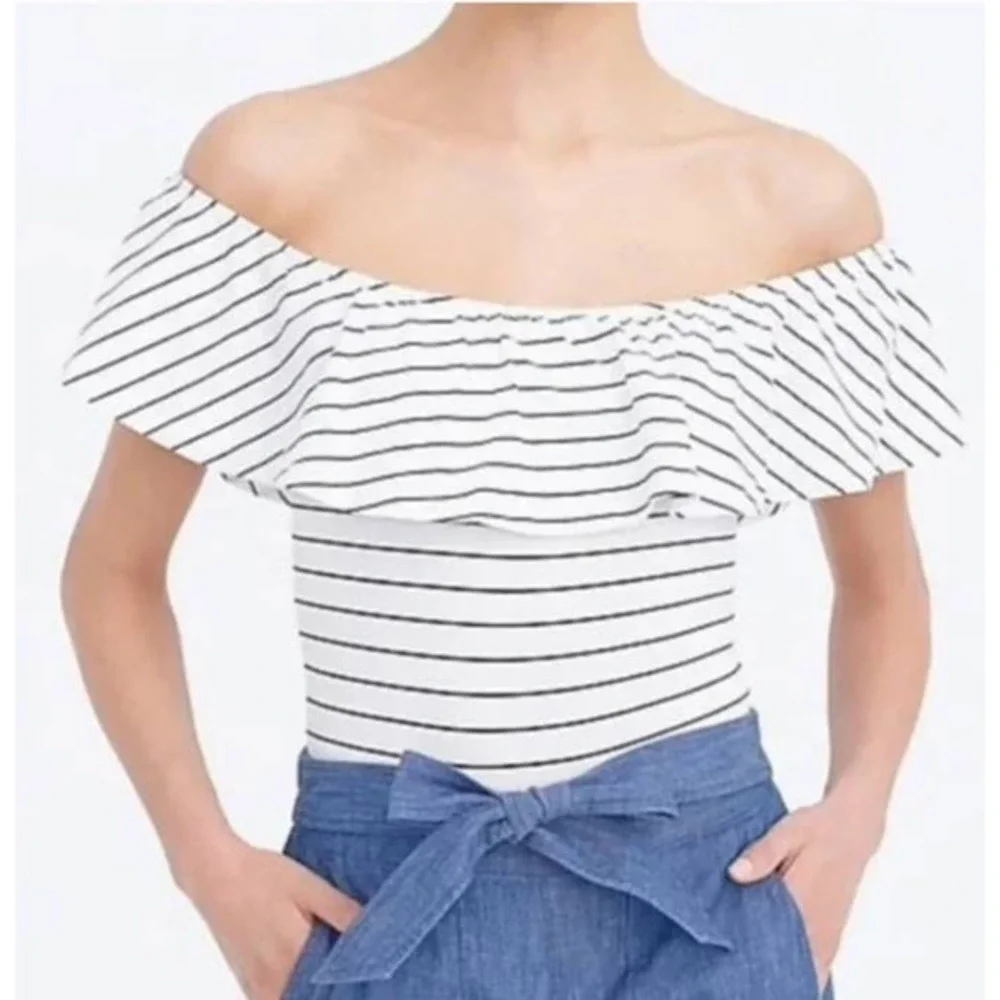 J .Crew Striped Off the Shoulder Ruffle Bodysuit H6125 casual cotton size small